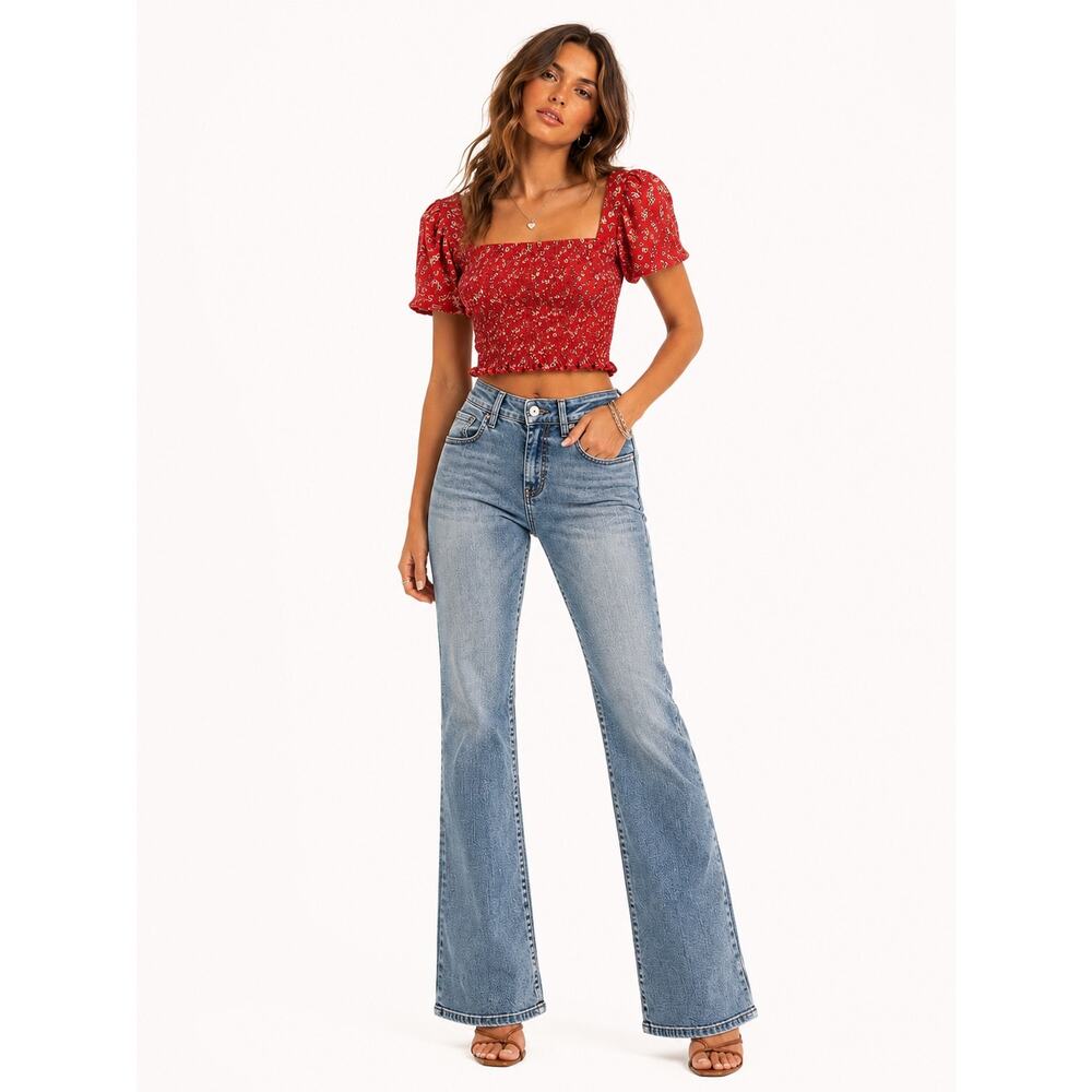 Red Ditsy Floral Smocked Crop Top Puff Sleeve Square Neck Boho Medium